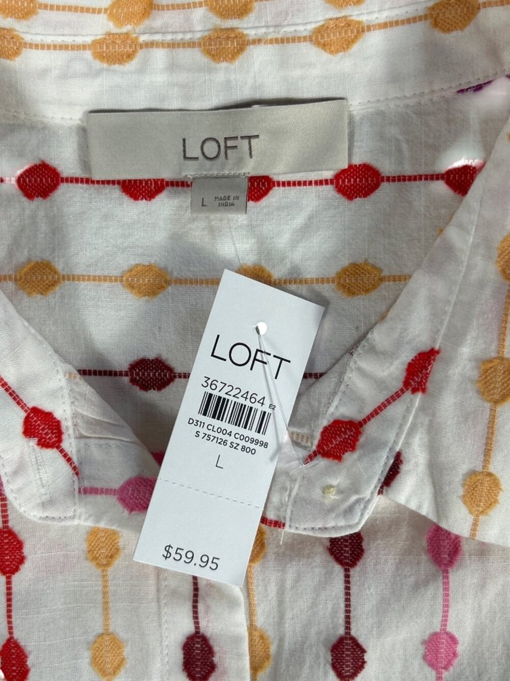 NEW Loft Button-Up Blouse Women's L Multicolor Embroidered Pattern Cotton Light - Picture 2 of 7